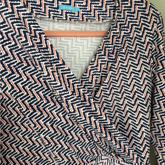 J.Mc Laughlin Lanie dres. Navy/white/red checks on V neck. 3/4 sleeve - size LG - Picture 2 of 10